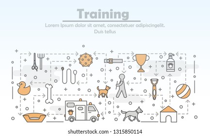 Dog training club or school advertising vector poster banner template. Dog and puppy accessories leash, collar, toys, food bowl, doghouse, grooming tools and supplies. Thin line art flat icons for web