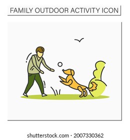 Dog training color icon. Man trained dog in park. Play with pet. Home pets life and pet owners community concept. Isolated vector illustration