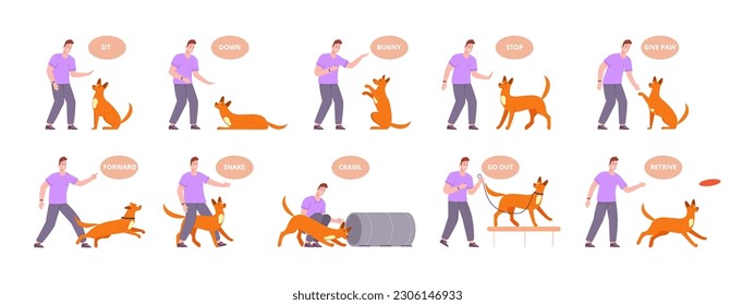 Dog training command. Owner teach puppy obey active commands, pet behavior canine language hand gesture sit up follow waiting train obedient exercise, splendid vector illustration of obey animal