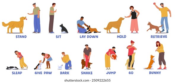 Comandos De Treinamento De Cães Sendo Demonstrados Por Manipuladores Com Seus Cães. Os Comandos Incluem Stand, Sit, Deite-Se, Hold, Retrieve, Sleep, Give Paw, Bark, Shake, Jump, Go, Bunny. Ilustração de vetor de desenhos animados