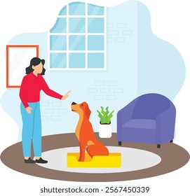 dog training commands Site and Down concept, Trainer teaching stay to give a release signal vector  design, Pet foster hotel Symbol, kennel animals Sign, Human-animal interaction scene illustration