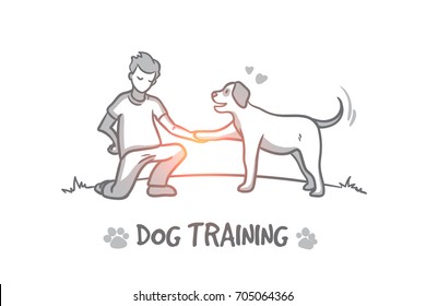 Dog training concept. Hand drawn outdoor dog training process. Instructor for animals isolated vector illustration.