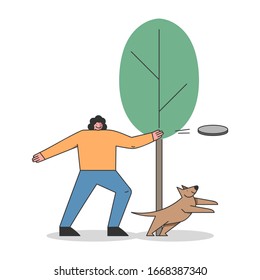 Dog Training Concept. Happy Woman Is Training The Pet In the City Park. Female Character Is Playing With Dog in Public Park. Cartoon Linear Outline Flat Vector Illustration