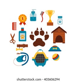 Dog training concept with pet care elements: bowl, collar, leash vector illustration.