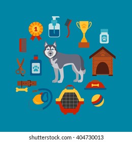Dog training concept with pet care elements: bowl, collar, leash vector illustration.
