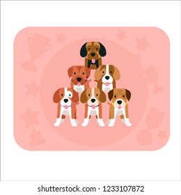 Dog training concept, six dogs making a pyramid formation, vector illustration