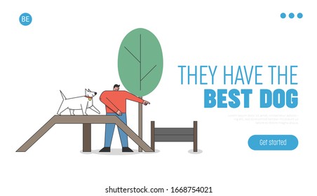 Dog Training Concept. Website Landing Page. Trainer with Pet In the City Park. Cartoon Linear Outline Flat Vector Illustration