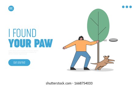 Dog Training Concept. Website Landing Page. Happy Woman Is Train The Pet In the City Park. Cartoon Linear Outline Flat Vector Illustration