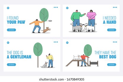 Dog Training Concept. Website Landing Page. Men And Women Train Pets in Dogs Training Park. Cartoon Linear Outline Vector Illustration