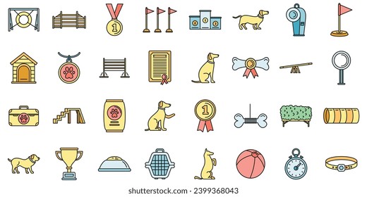 Dog training course icons set. Outline set of dog training course vector icons thin line color flat on white