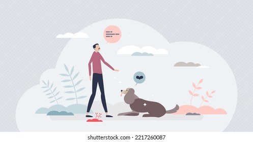 Dog training and domestic pet command teaching lesson tiny person concept. Poodle puppy tuition with sit and stay instructions vector illustration. Learning good behavior and high education level.