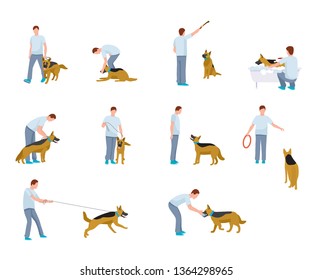 Dog training flat illustrations set. Man playing with German shepherd vector cliparts pack. Male cartoon character walking with pet.  