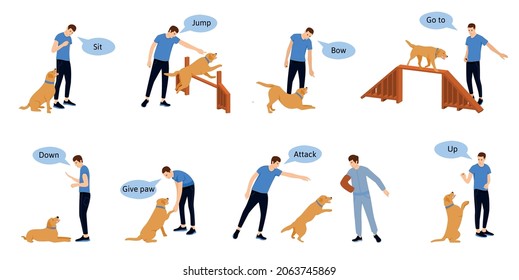 Dog training flat infographics with images of dogs human characters and bubbles with editable text commands vector illustration