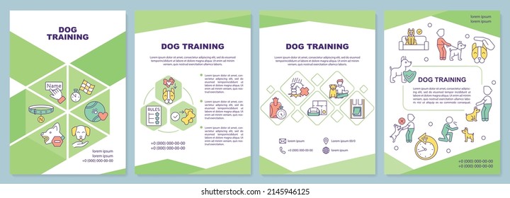 Plantilla de folleto verde de entrenamiento de perros. Clase de obediencia de perro. Diseño del prospecto con iconos lineales. 4 diseños vectoriales para presentación, informes anuales. Arial-Black, Myriad Pro-Regular fuentes utilizadas