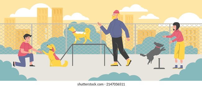 Dog training ground in the city with people and their pets, flat vector illustration. Owners play with dogs and train them on the equipped playground.