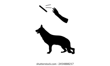 Dog training, hand throws a stick, black isolated silhouette