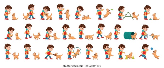 Dog training icons set. Boy is playing and training his puppy dog, teaching him tricks and having fun