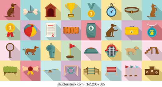 Dog training icons set. Flat set of dog training vector icons for web design