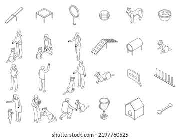 Dog training icons set. Isometric set of dog training vector icons outline thin lne isolated on white