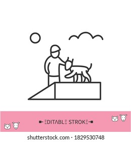 Dog training line icon. Man trained a dog in a training area. Dog trainer. Pet education. Pets club. Home pets life and pet owners community concept. Isolated vector illustration. Editable stroke 