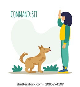 Entrenamiento de perros. La mascota ejecuta la orden de la sentada. El proceso de capacitación. Un icono simple, símbolo, signo. Ilustración vectorial editable aislada en un fondo blanco