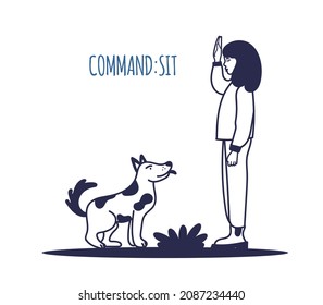 Dog training. The pet executes the sit command. The training process. A simple icon, symbol, sign. Editable vector illustration isolated on a white background