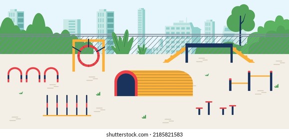 Dog training playground in the park with obstacles, flat vector illustration. Empty area to train domestic pets. Playground in the city for dogs with different equipment to train agility and commands. svg