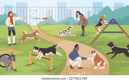 Proceso de entrenamiento de perros. Los dueños caminan a sus mascotas en el patio de juegos de perros con simuladores, juegos con animales, actividades al aire libre, fondo de parque de verano primavera, dibujos animados de vectores ordenados concepto plano