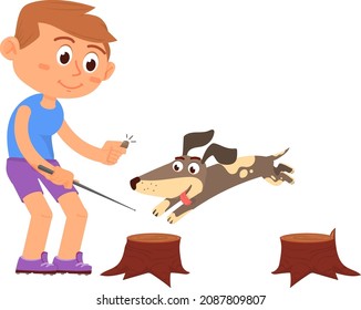 Dog training. Puppy jumping on tree stumps. Boy playing with pet