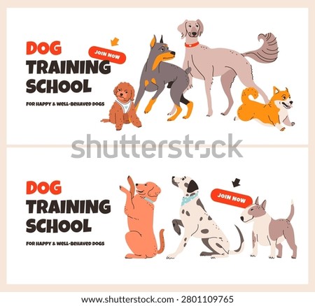Dog training school banner template featuring popular dog breeds and obedience education. Vector illustration suitable for pet services, behavior coaching, and puppy socialization programs.