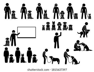 Dog training school icons set. Vector illustrations of dog obedient and behavioral training academy with instructor and students. 