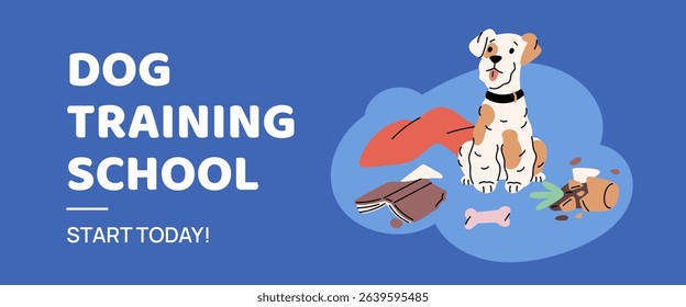 Dog training school poster. Pet behavior correction, psychologist who works with animals, solutions to problem, cute puppy, web advertising banner. Garish vector cartoon flat isolated concept