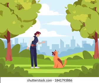 Dog training semi flat vector illustration. Woman teaches naughty dog 2D cartoon character for commercial use. Park area. Dog training specialist. Green bright environment, nice weather.