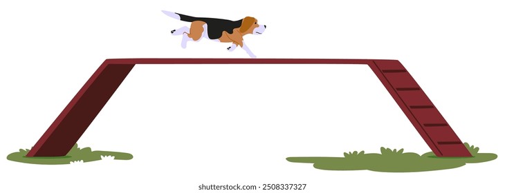 Dog Training Session On Outdoor Agility Equipment, Showcasing A Dog Performing An Exercise On A Raised Platform. Cartoon Vector Concepts Related To Pet Training, Agility, And Outdoor Activities