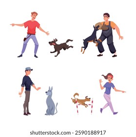 Dog training. Teaching smart domestic animals playing with puppies dogs exact vector flat people illustrations