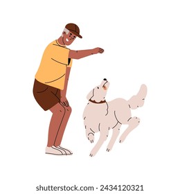 Dog training. Trainer teaches golden retriever to spin by command. Happy puppy show trick, turns around. Owner play, exercise with obedient doggy. Flat isolated vector illustration on white background