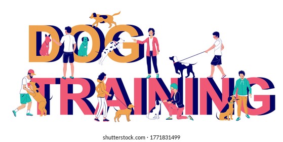 Dog training typography banner template, vector flat illustration. People trainers, pet owners teaching puppies to perform commands, playing games with them. Dog agility, obedience training classes. svg