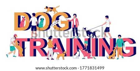 Dog training typography banner template, vector flat illustration. People trainers, pet owners teaching puppies to perform commands, playing games with them. Dog agility, obedience training classes. Stock photo © 