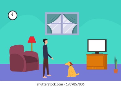 Dog training vector concept: man train his dog to sit and stay in the living room