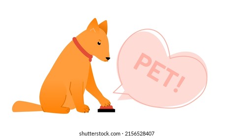 Dog training vector illustration concept. Middle sized dog pushing on a button with pre-recorded message Pet. Template in flat style