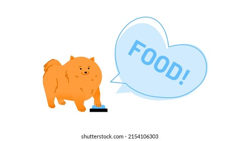 Dog training vector illustration concept.Small dog pushing on a button with pre-recorded message Food. Template in flat style