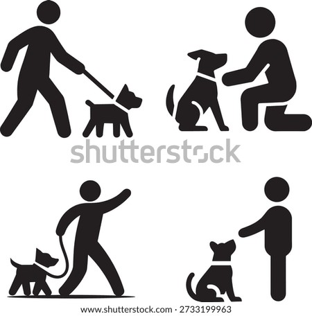 Dog Training and Walking Stick Figure Icons Set for Pet Care Services Professional Canine Coaching Behavior Training and Animal Welfare Illustration Graphic