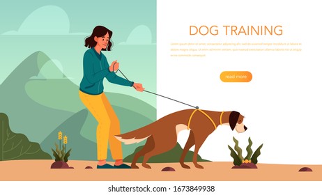 Dog training web banner concept. Happy puppy having a command lesson. Good trainer outdoor. Isolated vector illustration in cartoon style