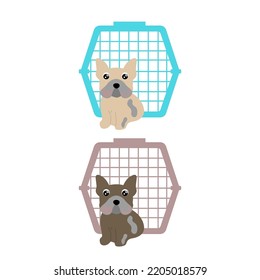 DOG TRAVEL IN 2 COLOR VARIANTS - BLUE WITH LIGHT BROWN DOG, BROWN WITH DARK BRON DOG ISOLATED ON WHITE. PET TRANSPORTATION CAGE ILLUSTRATION