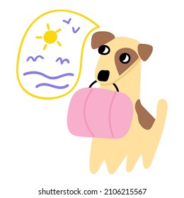 Dog with travel bag in his mouth dream about vacation. Vector hand drawn illustration. 