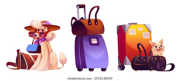 Dog travel with bag. Journey with puppy cartoon. Cute animal passenger with luggage on waiting airplane icon set. Funny tourist companion concept with different suitcase baggage, hat and glasses