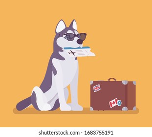 Dog travel, cute pet with airline ticket and travelling bag. Puppy in sunglasses waiting for flight abroad, support or therapy animal for traveler on airplanes. Vector flat style cartoon illustration