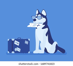 Dog travel, cute pet with airline ticket and travelling bag. Puppy in sunglasses waiting for flight abroad, support or therapy animal for traveler on airplanes. Vector illustration