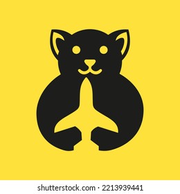 Dog Travel Logo Negative Space Concept Vector Template. Dog Holding Airplane Symbol
