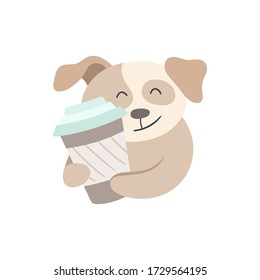 Dog with a travel mug or paper cup. Beige and pastel mint colors. Coffee break party element. Great for shop apparel, t-shirt print, branding, sticker, logo, art for business and personal projects